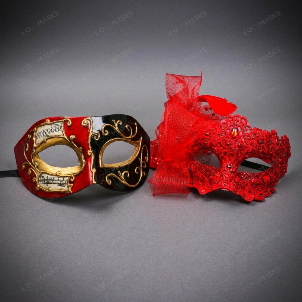 Venetian Music Note Lace Masquerade Mask Red Black Halloween